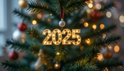 Lighted Number 2025 Ornament Hanging on a Christmas Tree: A Festive and Joyful Decoration Symbolizing the Start of the New Year, Illuminated with Warm Lights and Surrounded by Holiday Cheer