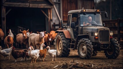 Tractor and farm animals, rural countryside life.