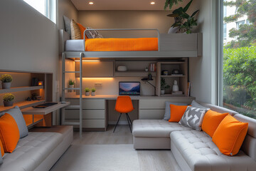 Photographie intérieure d’un studio étudiant optimisé et contemporain, avec un lit mezzanine, un bureau intégré et une kitchenette compacte, idéal pour une vie fonctionnelle dans un espace restreint
