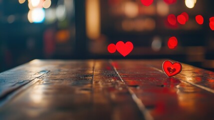 A wooden table decorated with many red hearts, perfect for romantic occasions or Valentine's Day celebrations