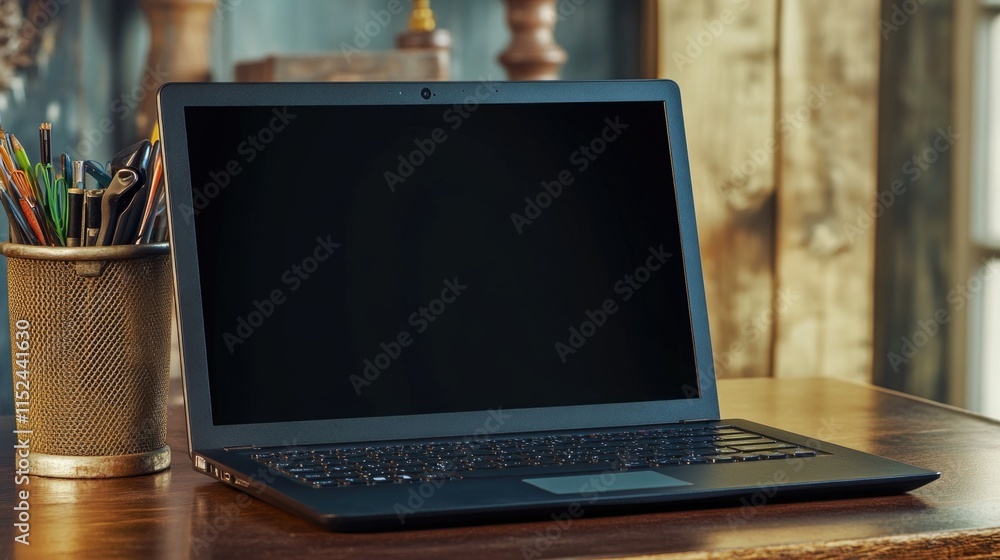 Aufkleber A laptop computer placed on a wooden table with a simple and clean background