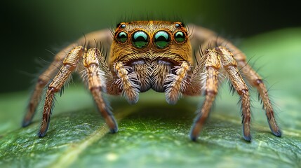 Close-up of a vibrant golden jumping spider with striking iridescent green eyes perched on a green leaf.