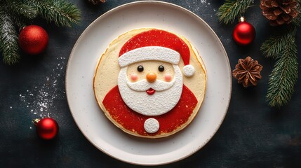 Fototapeta premium Festive Santa pancake on a plate with Christmas decorations.