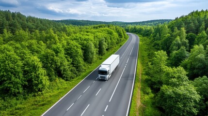 Obraz premium Trucker Driving on Scenic Highway Surrounded by Lush Green Forest Under Clear Blue Sky in Summer Season