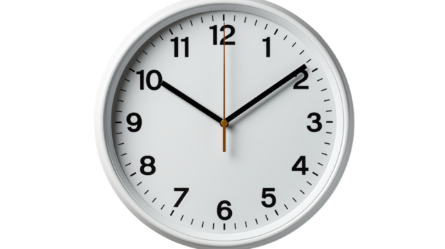 Minimalist white wall clock with a sleek modern design, isolated on a clean background, studio view, isolated on transparent background.