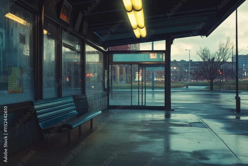Poster a wooden bench sits in front of a bus stop, ready for waiting passengers