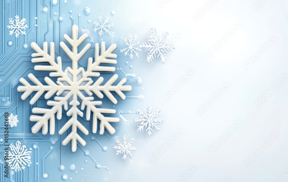 Poster graphic design of a microchip board showcased within a snowflake shape on a blue background, represe