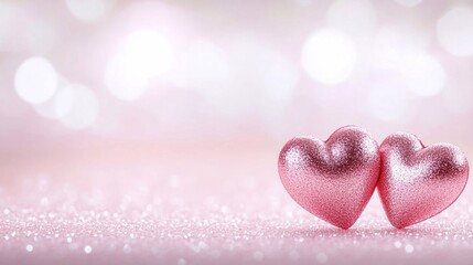 Fototapeta premium Two sparkling pink hearts display affection on a soft, shimmering pink backdrop creating a romantic atmosphere for celebration