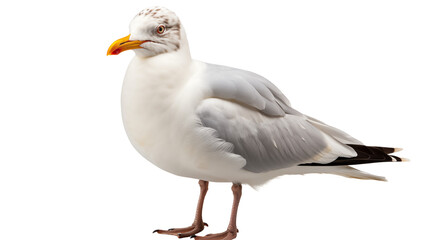 Fototapeta premium Graceful white seagull flying over a calm sea, showcasing its beauty and connection to coastal life, studio view, isolated on transparent background.
