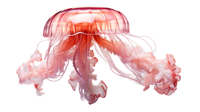 Ethereal jellyfish drifting in the ocean depths, their soft, glowing bodies reflecting underwater serenity, studio view, isolated on transparent background.