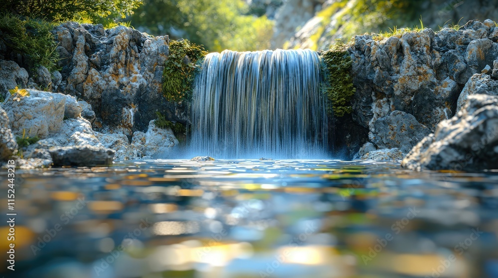 Poster serene waterfall cascading over rocks into a tranquil pool