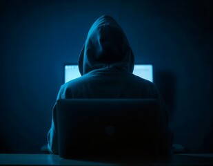 Hacker using computer in dark room wearing hoodie
