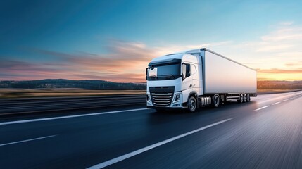 Obraz premium Modern Large Truck Driving on Open Highway at Sunset in Beautiful Scenic Landscape