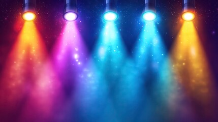Obraz premium Five stage spotlights casting colorful beams of light on a dark background.