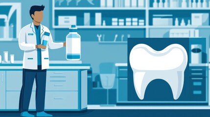 Dentist in Laboratory Holding Mouthwash with Tooth Model Display