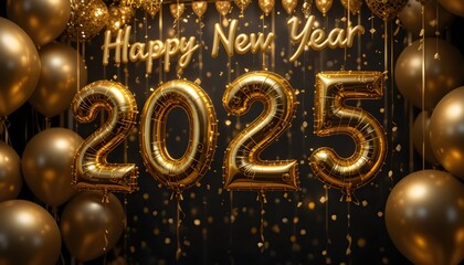 Gold 'Happy New Year 2025' Message Balloons with Party Decorations: Symbolizing the Start of the New Year, Celebrating New Beginnings with Vibrant Balloons and Festive Party Elements