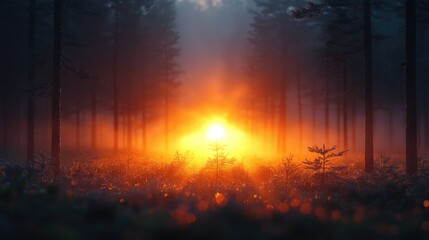 A serene scene with the sun setting in the midst of a forest, perfect for use in nature-inspired designs or as a backdrop for environmental projects