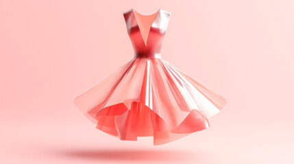 Pink asymmetrical dress with reflective panels floating on pink background