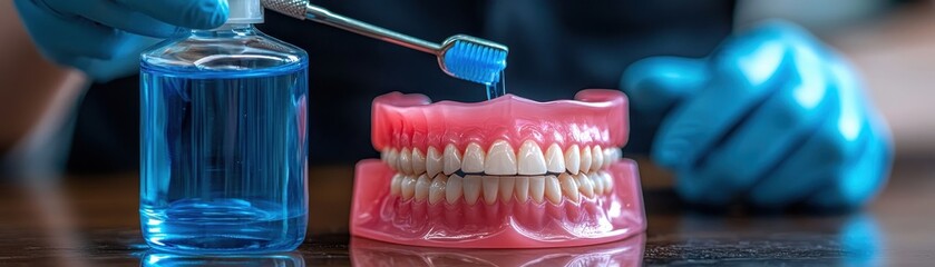 Obraz premium Dental Care with Model Teeth and Toothbrush in a Clinical Setting