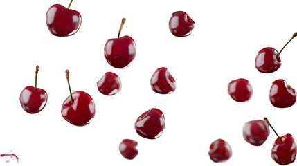 Fresh Cherry Fruits Falling Against a White Background - Vibrant Red Cherries in Motion
