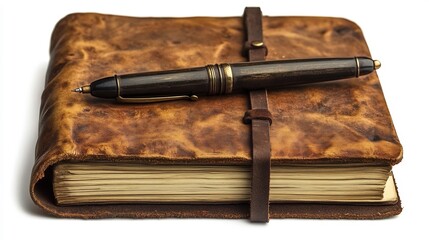 Vintage leatherbound notebook with an antique pen resting on it isolated on a transparent background ready for stationery or writing product design