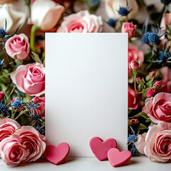 Empty white card mockup against the background of flowers, romantic mood