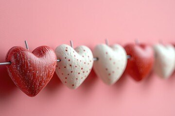 A decorative display of red and white hearts on a pink background