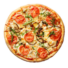 Delicious vegetarian pizza topped with fresh tomatoes, black olives, and arugula on a white background