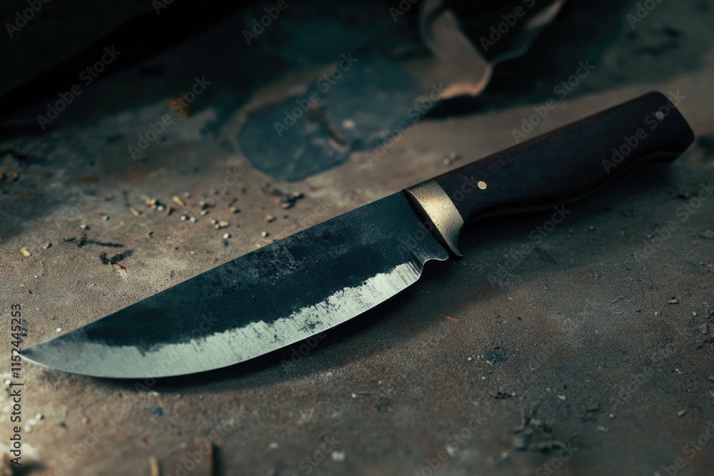 Poster A single knife sitting on a table with no other objects in sight