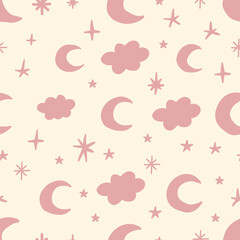 Bohemian baby seamless pattern. Cute baby boho seamless pattern with simple moons. Soft colors universe surface design for kids fabric and nursery decor. Gender neutral design. Vector Illustration