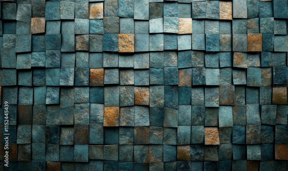 Aufkleber 3d, semigloss mosaic tiles arranged in the shape of a wall. rectangular, futuristic, blocks stacked 