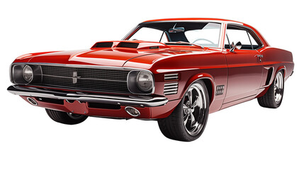 Side profile of a classic muscle car in metallic finish, a timeless symbol of American automotive heritage, studio view, isolated on transparent background.