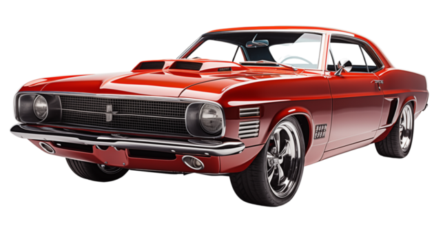Side profile of a classic muscle car in metallic finish, a timeless symbol of American automotive heritage, studio view, isolated on transparent background.