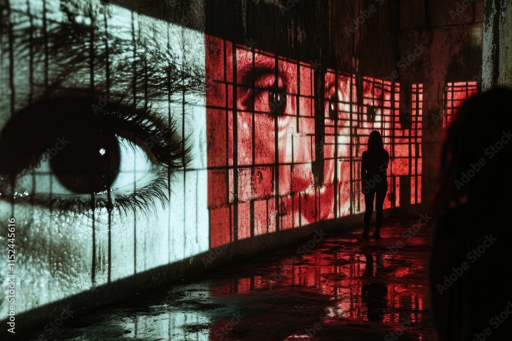 Poster a person stands in front of a large screen projecting a woman's face