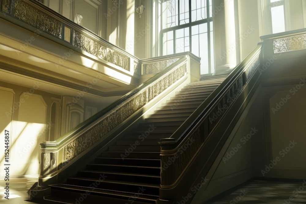 Aufkleber A staircase in a large building with a clock on the wall, suitable for use as a backdrop or interior design element