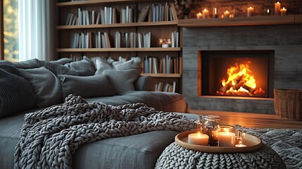 Cozy living room with fireplace, bookshelves, and knitted throw.