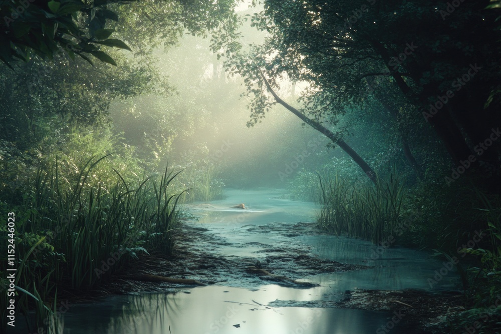 Poster a serene river flows gently through a dense and vibrant forest