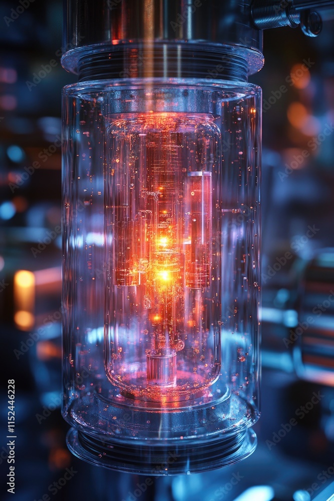 Poster a close-up shot of a light shining from within a glass container, ideal for use in interior design o