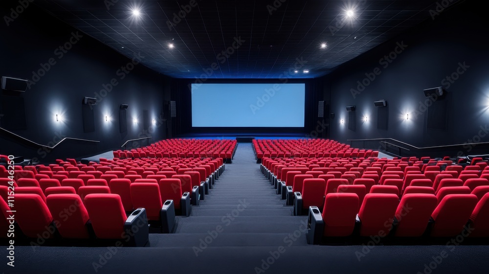 Poster empty modern cinema hall with red seats and large screen in a dark environment ready for a movie sho