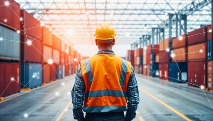 Engineer managing container logistics with network connections in distribution warehouse