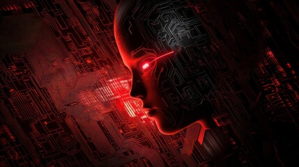 Red-lit cyborg female profile against dark circuit board background.
