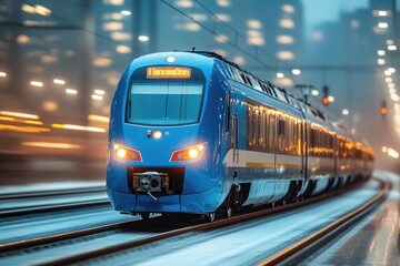 Fototapeta premium A blue train travels through a city at night, lit up by streetlights and neon signs