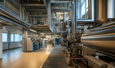 Naklejka premium A modern facility for paper production. Close-up shot of industrial machinery. Output of coated paper and cardboard.