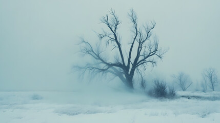 Fototapeta premium A lone, leafless tree stands in a snow-covered field shrouded in thick fog. The scene is serene and slightly mysterious, with a muted color palette of blues and whites.