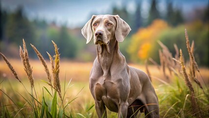 Weimaraner in hunting pose, focused and alert.