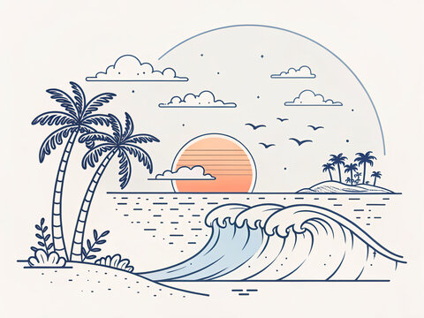 island in the sea. beach, sea, palm, summer, island, tree, vector, tropical, sun, ocean, illustration, travel, water, nature, landscape, sand, sky, wave, sunset, vacation, design, coconut, boat, parad