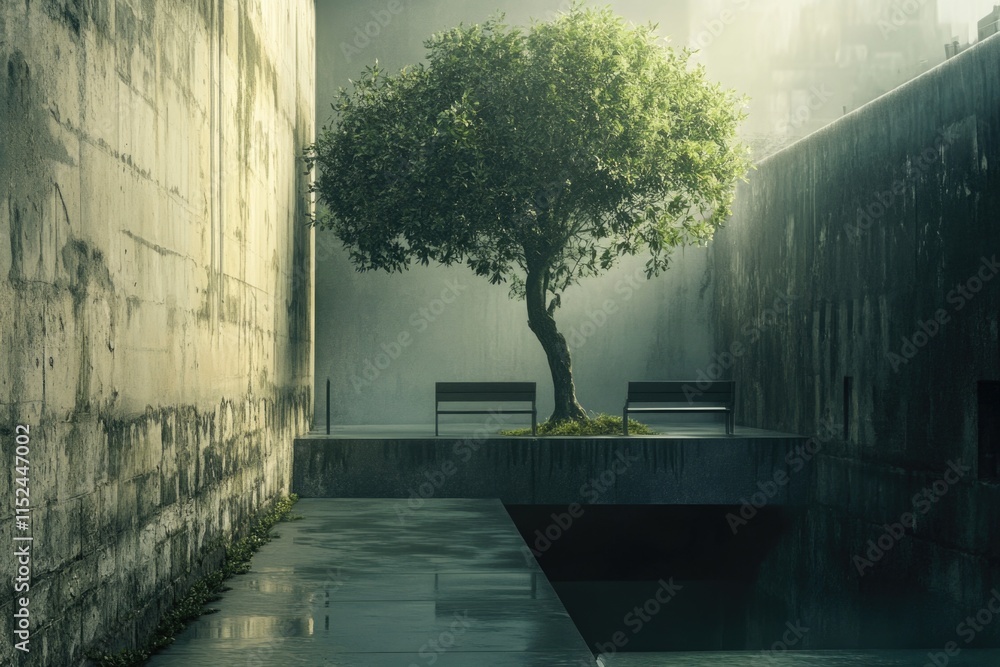 Poster a single tree standing in a large, empty courtyard