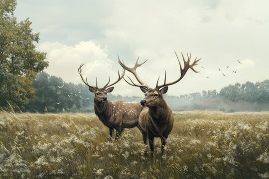 Two deer grazing in a lush field of tall grass
