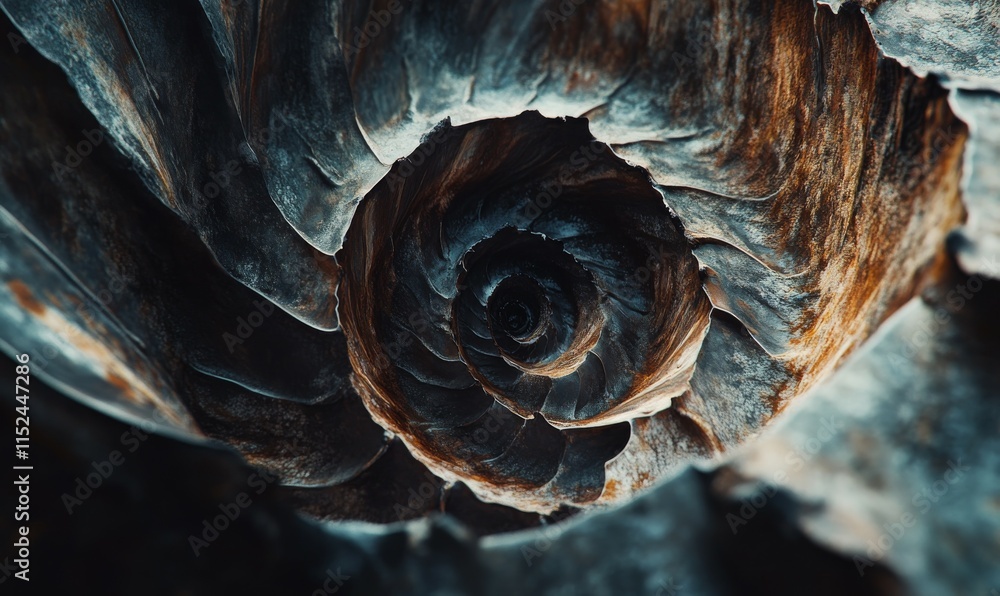 Poster abstract shot of a spiral shell, fine details in its ridges and curves highlighted.