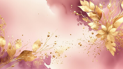 Elegant pink watercolor background featuring golden floral leaves and flowing dreamy textures, ideal for romantic wedding-themed visuals, banners, and posters.